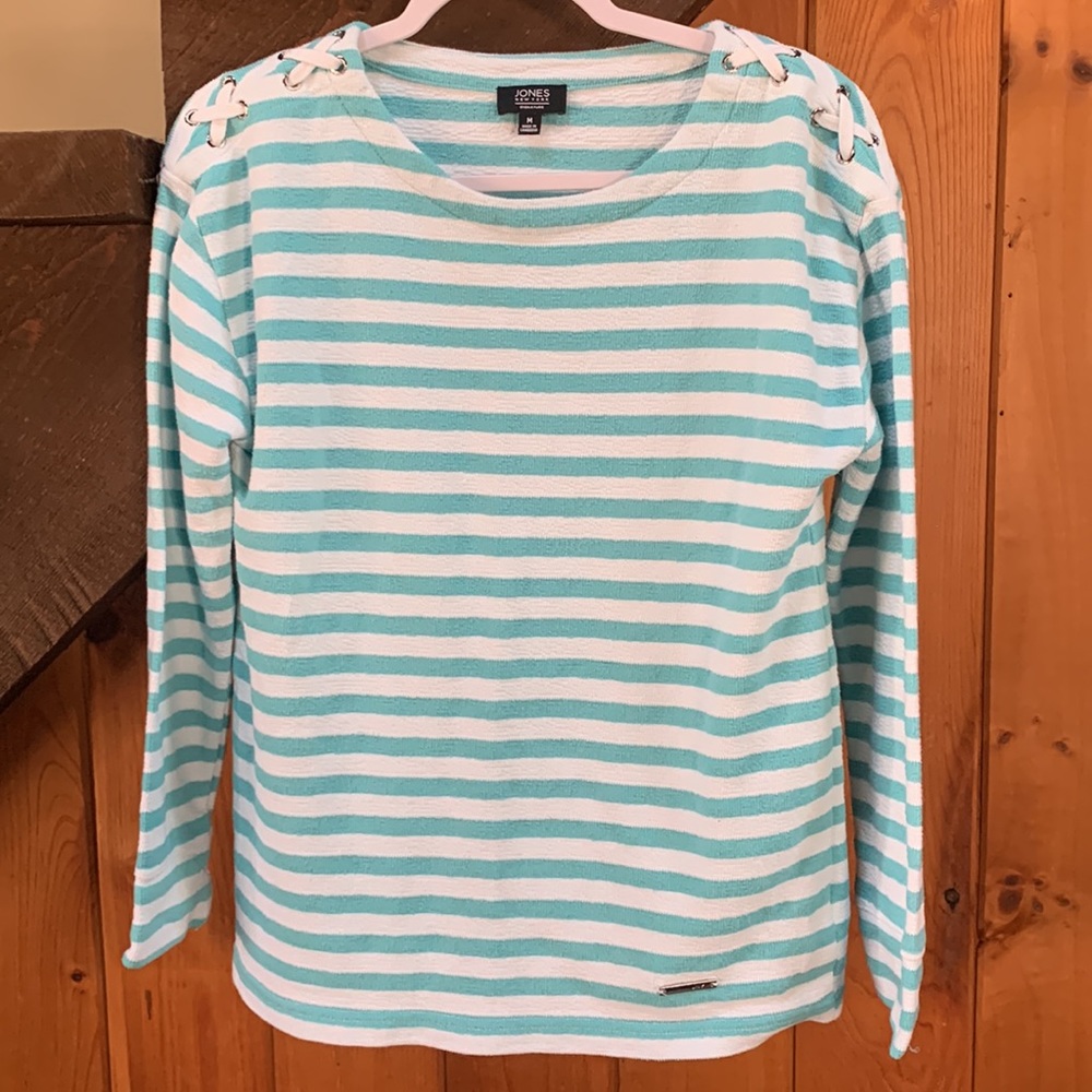 Jones New York Signature aqua stripe long sleeve top with shoulder laces detail